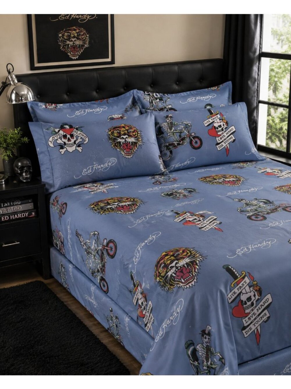 Ed Hardy Queen Sheet Set 6-Piece w 4 Pillowcases Blue Skull Cross Sheets - NEW